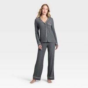 Auden Cozy Ribbed Notch Collar Long Sleeve & Pants Pajama Set Gray Women's XS